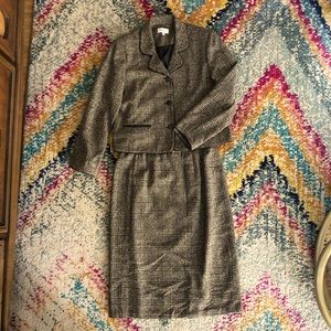 Brown Herringbone Skirt Suit with Leather Trim